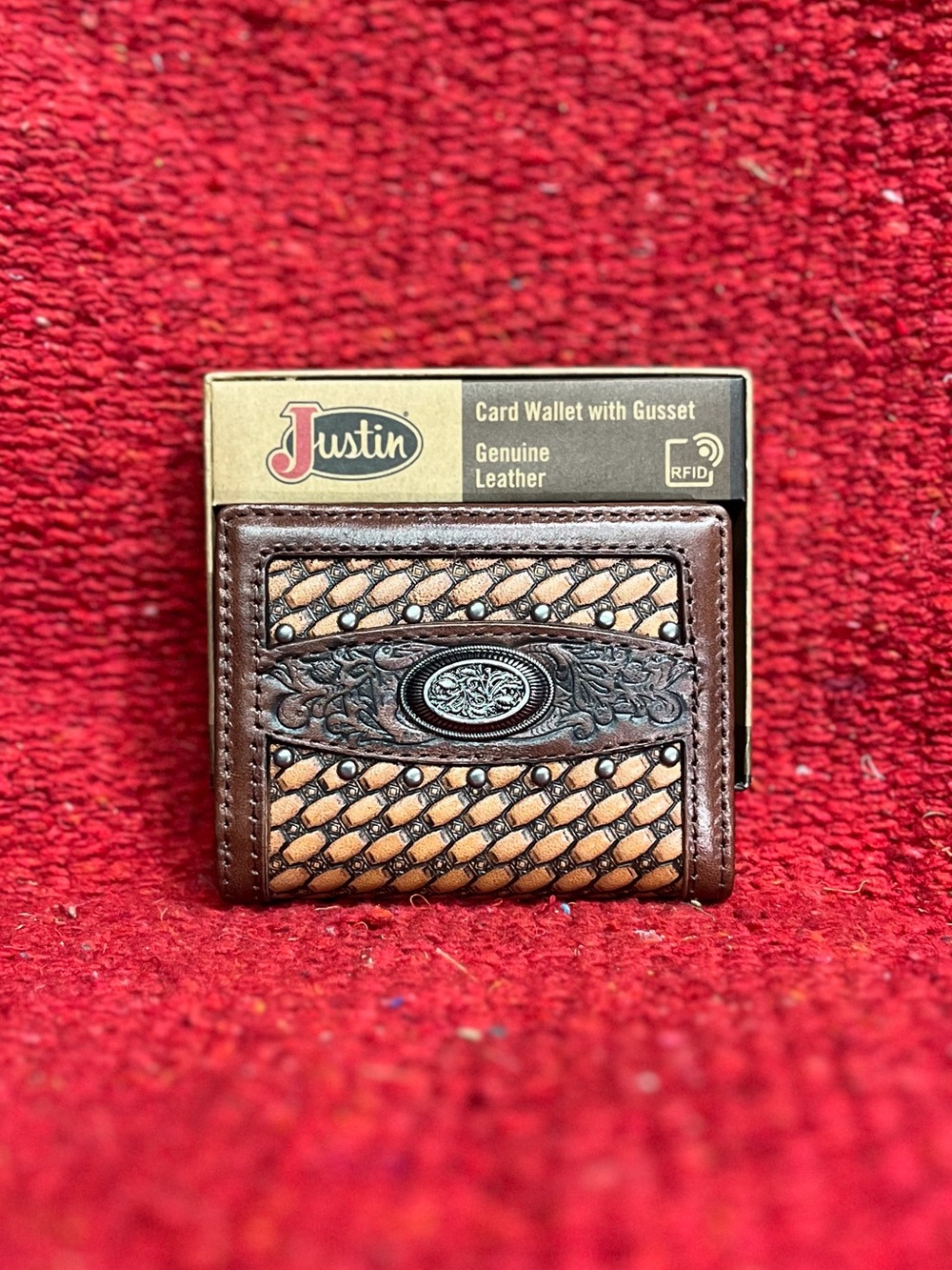 Justin Boots Brown Woven Leather Card Wallet with Concho Accent